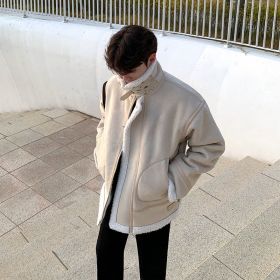 Lamb Cashmere Jacket Men's Winter Thickened Locomotive Suit (Option: Khaki-M)